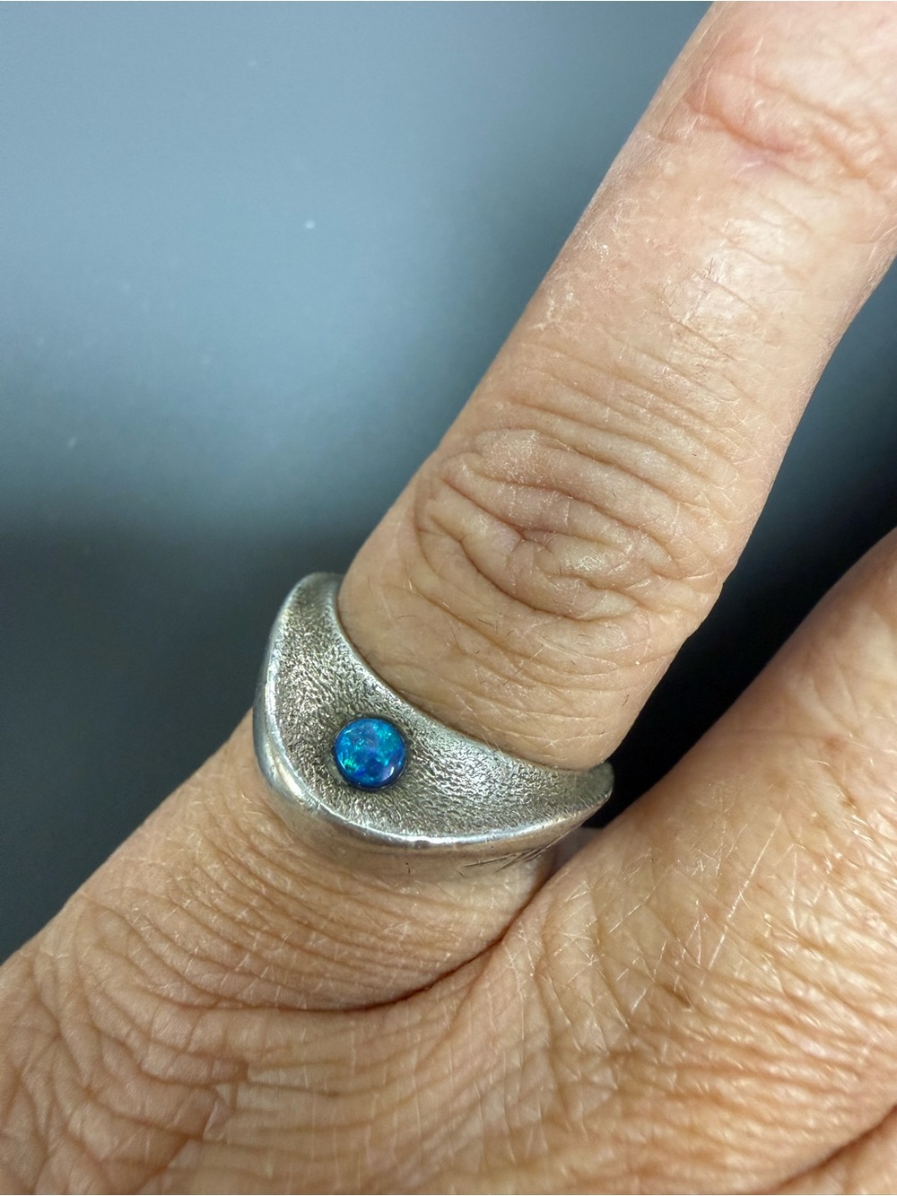 Sterling Silver Band Ring with Blue Opal Accent